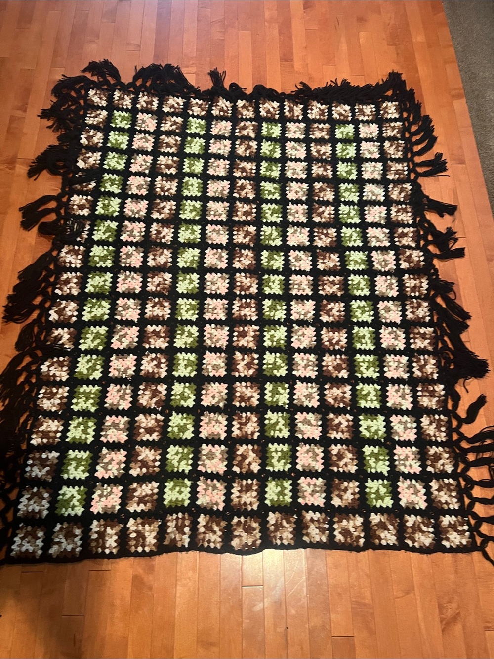 Handmade Black Fringe Crochet Throw with Green, Brown, and Cream Squares
